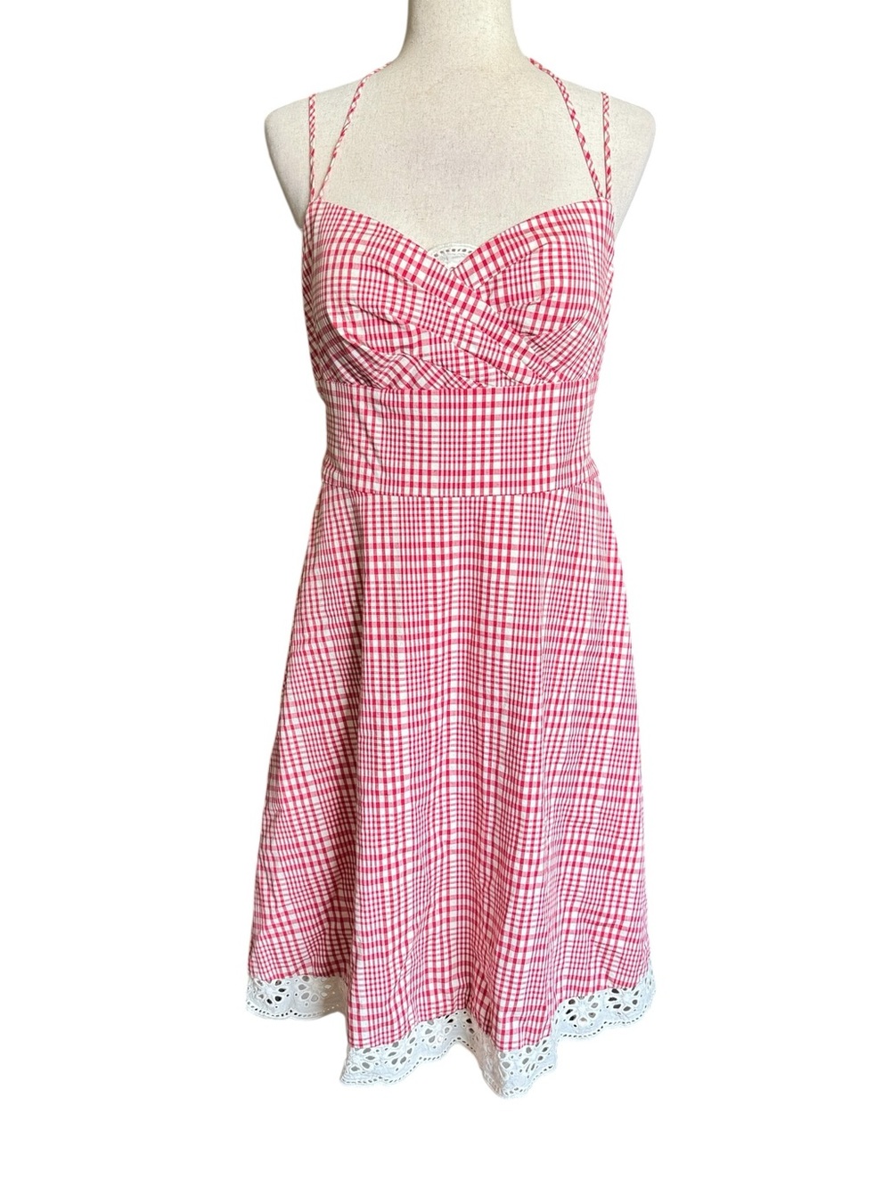 Oleg Cassini Red Gingham Fit Flare Dress with Eyelet Hem